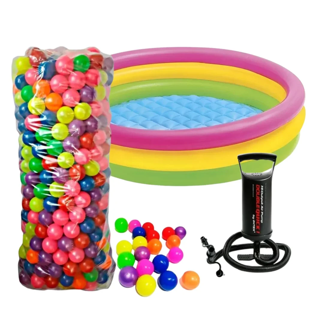 Combo 3 (Piscina 114cm + bomba de mano + 300 pelotas plásticas)