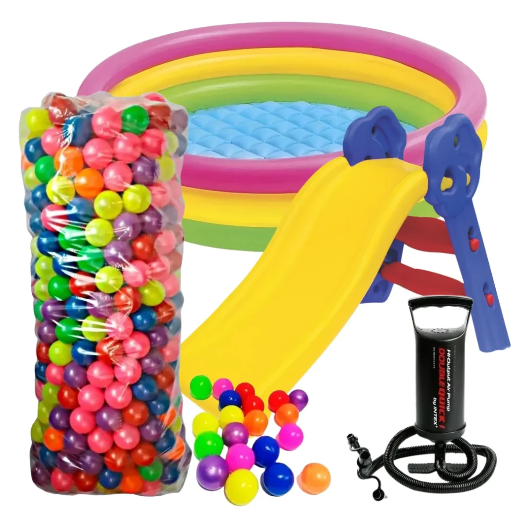 Combo 4 (Piscina 114cm + bomba de mano + 300 pelotas plásticas + deslizadero)
