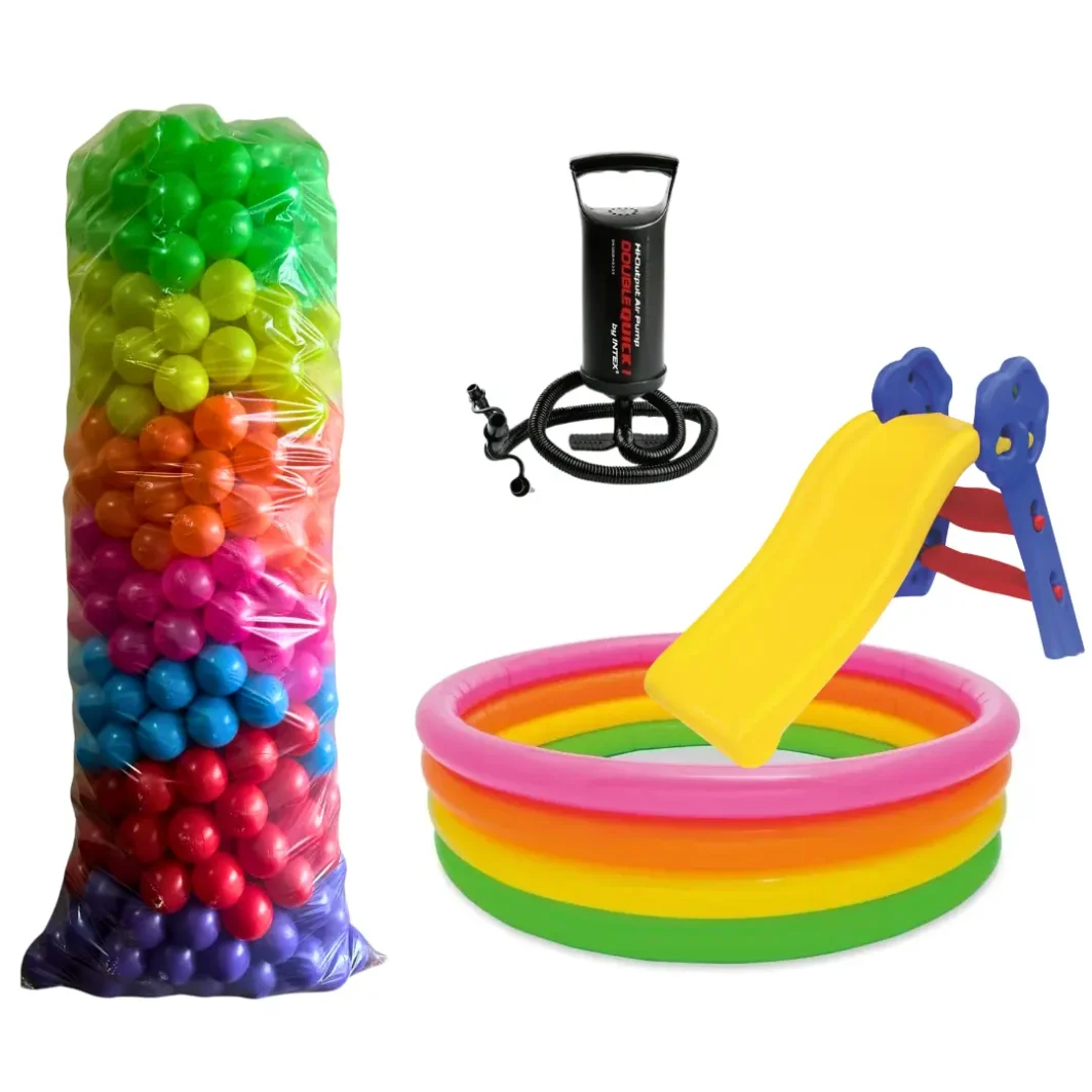 Combo 8 para niños: piscina inflable de 168 cm con un bulto de pelotas plásticas de colores, bomba de inflado y deslizador infantil.