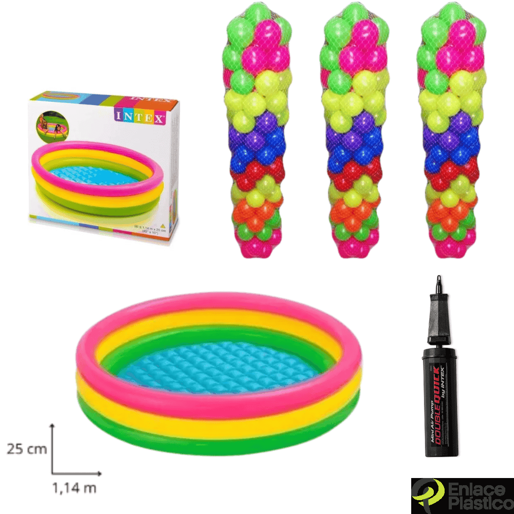 Combo 3 piscina inflable 114cm bomba de mano 300 pelotas plasticas Enlace Plastico Bogota